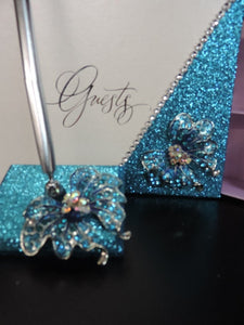 Turquoise Glitter/Butterfly Three Piece Wedding Set - Guestbook, Pen, Knife & Server Set