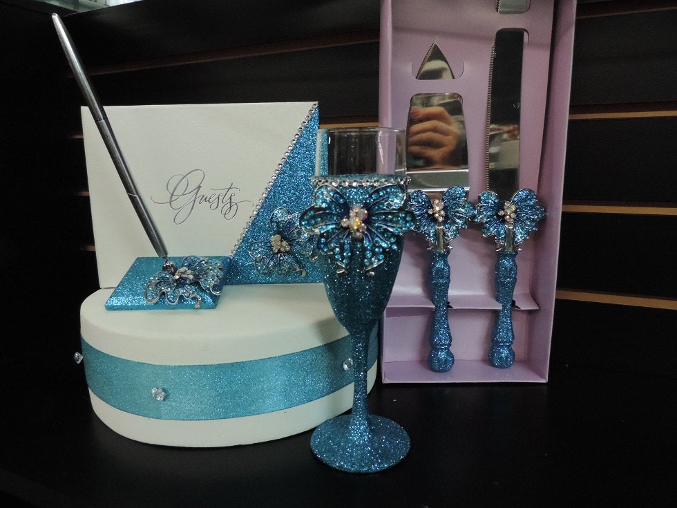 Turquoise Glitter/Butterfly Three Piece Wedding Set - Guestbook, Pen, Knife & Server Set