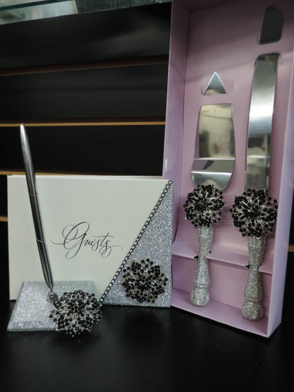 Silver Glitter/Black Three Piece Wedding Set - Guestbook, Pen, Knife & Server Set