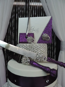 Deep Purple Glitter 3 Piece Wedding Set - Guestbook, Pen, Knife & Server Set