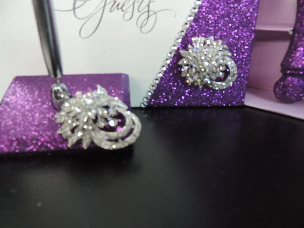 Deep Purple Glitter 3 Piece Wedding Set - Guestbook, Pen, Knife & Server Set