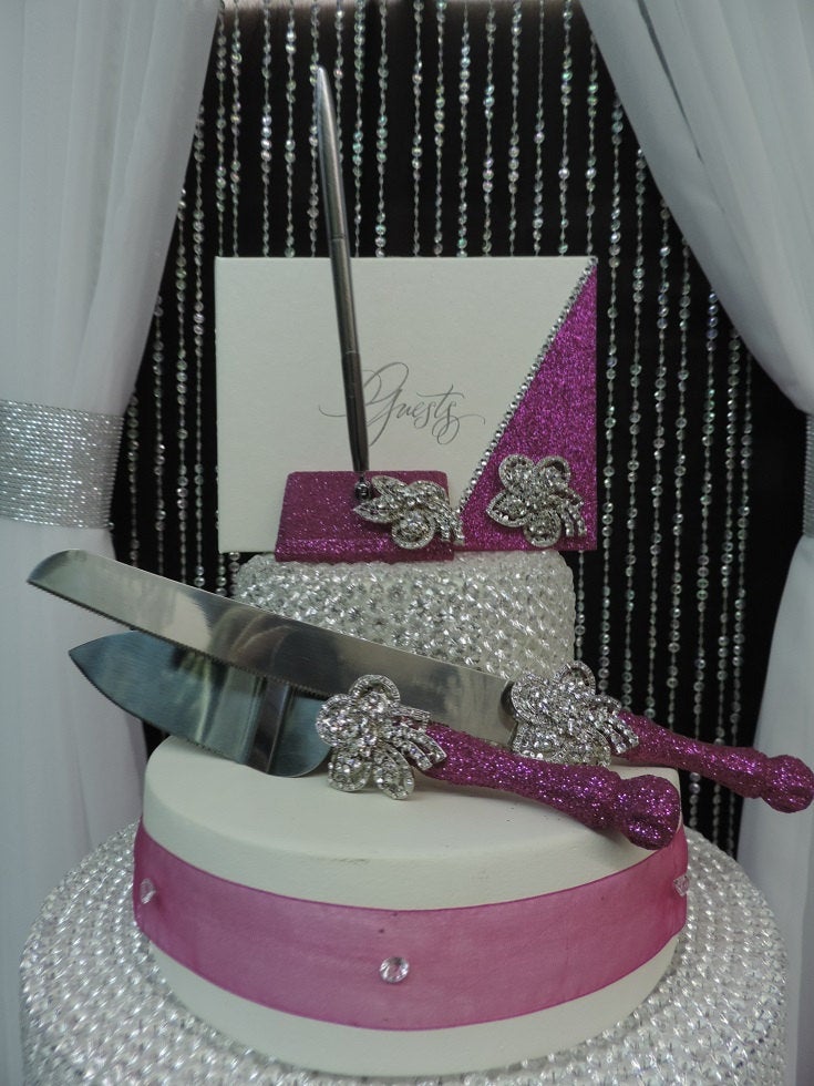 Fuchsia Glitter Three Piece Wedding Set - Guestbook, Pen, Knife & Server Set