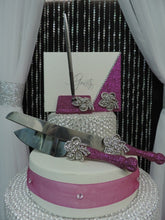 Load image into Gallery viewer, Fuchsia Glitter Three Piece Wedding Set - Guestbook, Pen, Knife &amp; Server Set