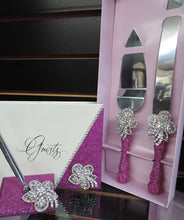 Load image into Gallery viewer, Fuchsia Glitter Three Piece Wedding Set - Guestbook, Pen, Knife &amp; Server Set