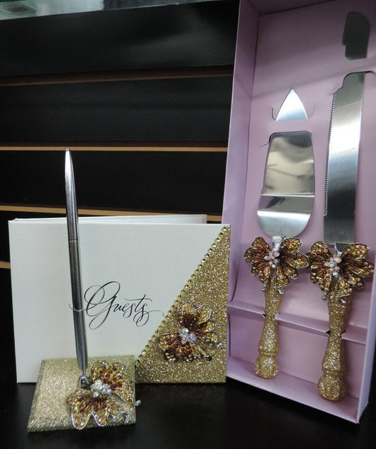 Gold Glitter/Butterfly Wedding Set - Guestbook, Pen, Knife & Server Set