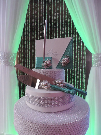 Seamist Glitter/Pearl Three Piece Wedding Set - Guestbook, Pen, Knife & Server Set