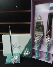 Load image into Gallery viewer, Seamist Glitter/Pearl Three Piece Wedding Set - Guestbook, Pen, Knife &amp; Server Set