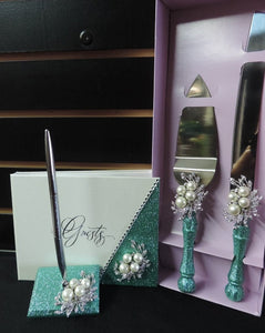 Seamist Glitter/Pearl Three Piece Wedding Set - Guestbook, Pen, Knife & Server Set