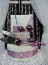 Load image into Gallery viewer, Rose Pink Glitter Three Piece Wedding Set - Guestbook, Pen, Knife &amp; Server Set