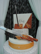 Load image into Gallery viewer, Burnt Orange Glitter Three Piece Wedding Set - Guestbook, Pen, Knife &amp; Server Set