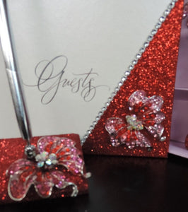Red Glitter/Butterfly Three Piece Wedding Set - Guestbook, Pen, Knife & Server Set