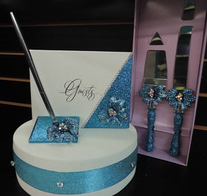 Turquoise Glitter/Butterfly Three Piece Wedding Set - Guestbook, Pen, Knife & Server Set