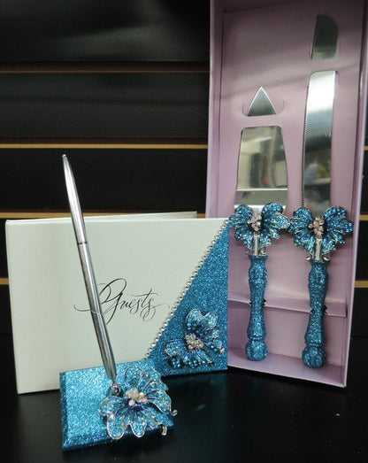 Turquoise Glitter/Butterfly Three Piece Wedding Set - Guestbook, Pen, Knife & Server Set