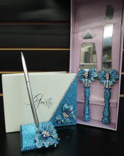 Load image into Gallery viewer, Turquoise Glitter/Butterfly Three Piece Wedding Set - Guestbook, Pen, Knife &amp; Server Set
