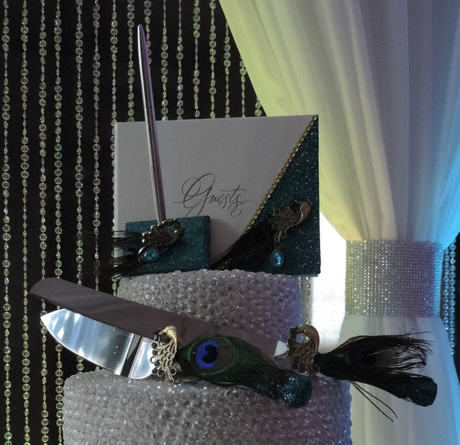 Teal Glitter Peacock Three Piece Wedding Set - Guestbook, Pen, Knife & Server Set