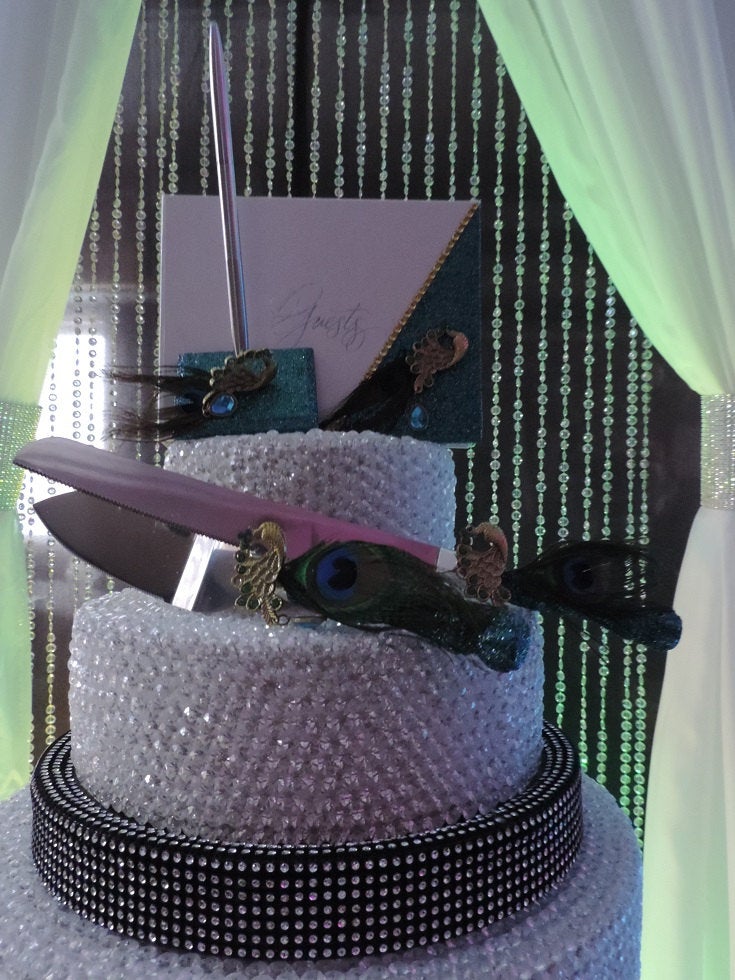 Teal Glitter Peacock Three Piece Wedding Set - Guestbook, Pen, Knife & Server Set