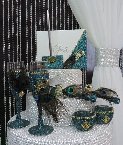 Teal Glitter Peacock Three Piece Wedding Set - Guestbook, Pen, Knife & Server Set