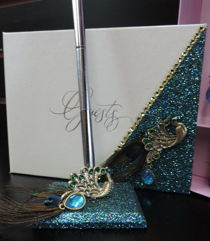 Teal Glitter Peacock Three Piece Wedding Set - Guestbook, Pen, Knife & Server Set