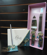 Load image into Gallery viewer, Teal Glitter Peacock Three Piece Wedding Set - Guestbook, Pen, Knife &amp; Server Set