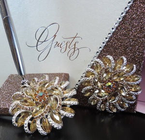 Champagne Glitter Three Piece Wedding Set - Guestbook, Pen, Knife & Server Set