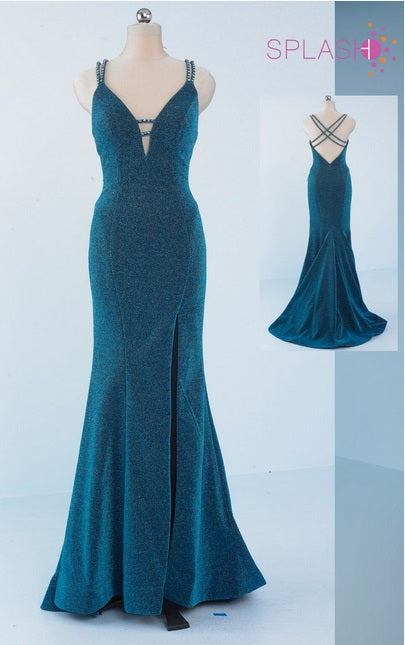 Splash Prom Glitter Jersey Fit & Flare Dress X015 Turquiose